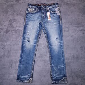 ROCK REVIVAL Hawk Alt-Straight Distressed Denim Jeans Mens 34x31‎ Embossed
